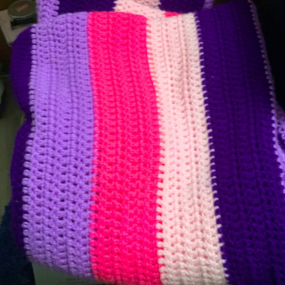 Hand, crocheted, blanket. hotpink ,light, pink purple ,lavender..so pretty!